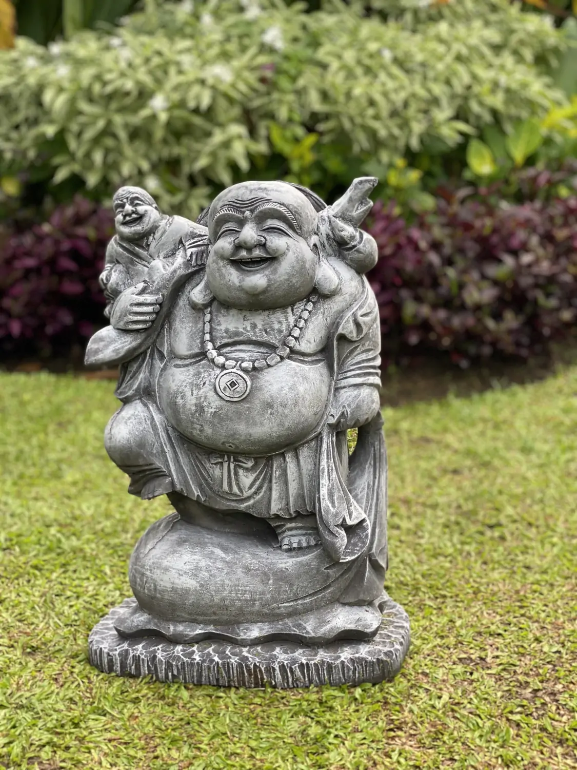  Product image 1 of the product “Sammo - Standing Chinese Buddha with small Buddha on shoulder, 55cm H | cast stone ”